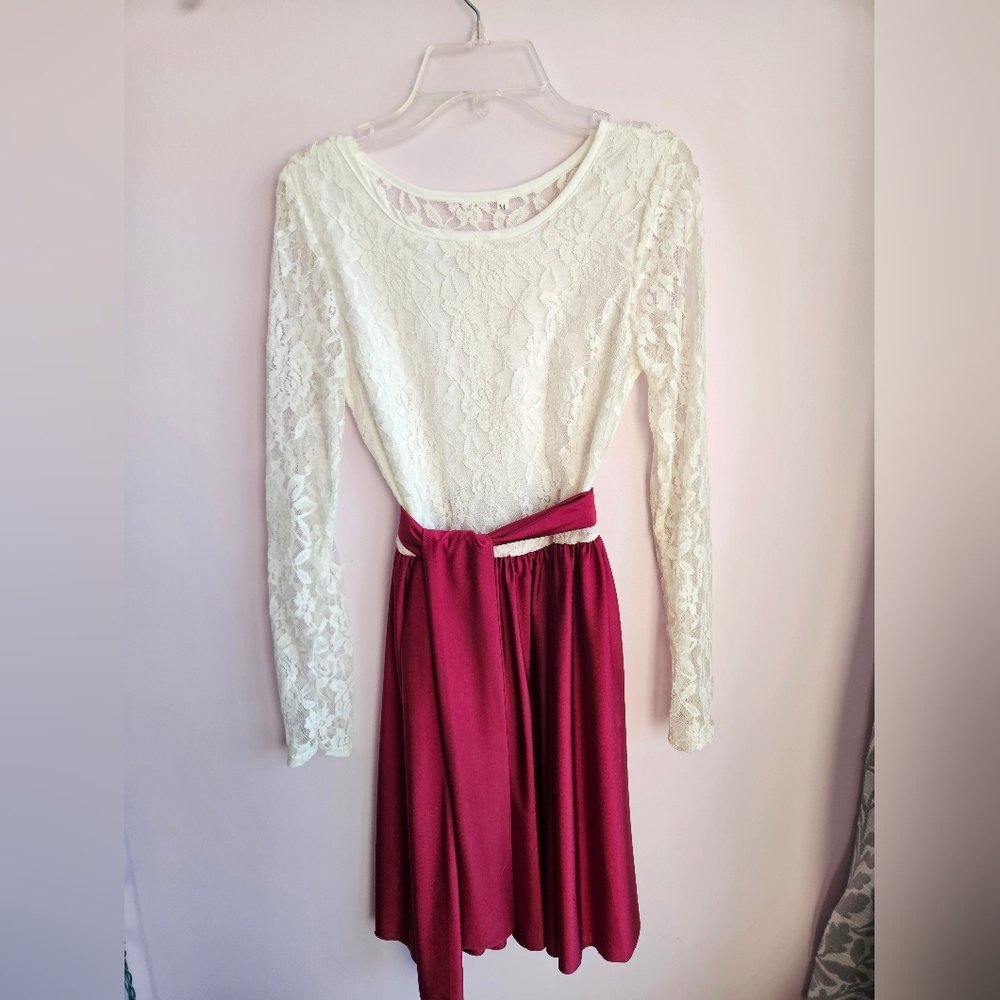 Elegant Lace Top Dress with Burgundy Skirt